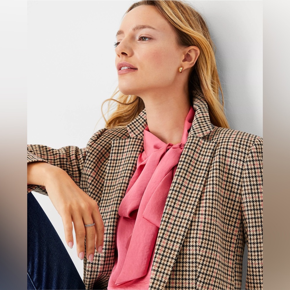 Ann Taylor The Hutton Blazer In Check Houndstooth Modern Neutral Beige Size 10 - Picture 3 of 11